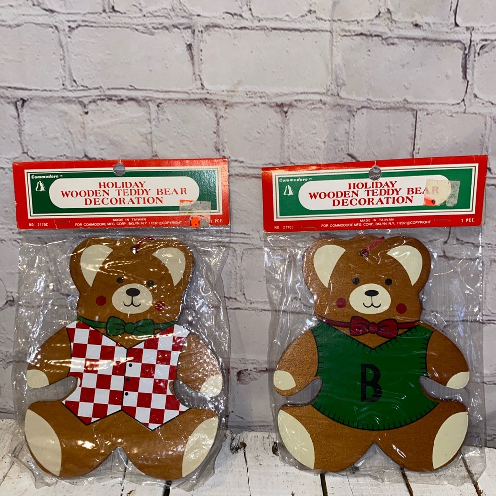 Vintage Holiday Wooden Teddy Bear Decorations